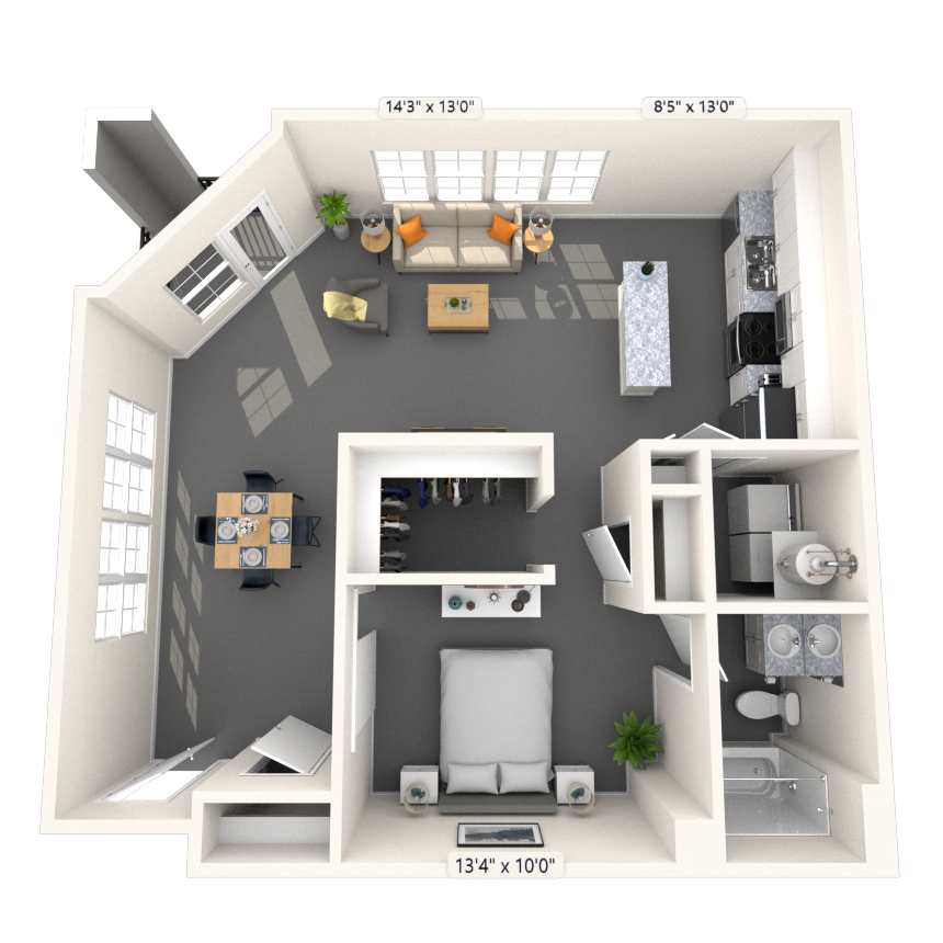 Floor plan for studio, 1 bath, 865 sqft